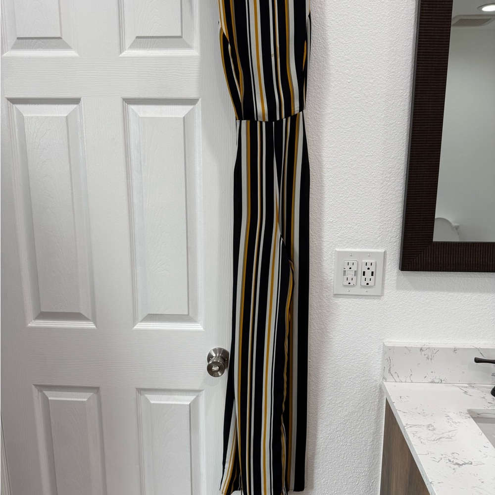 Striped Wide-Leg Jumpsuit in Black, White & Mustard